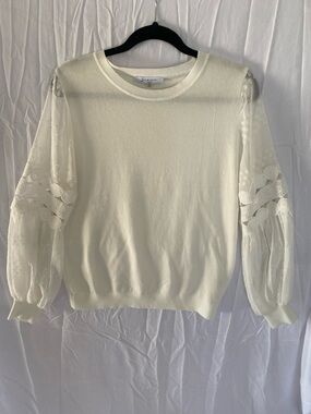 SIONI Women's ( Medium ) White Sweater Gorgeous Lace Sleeves